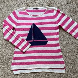 Hannah Rose Nautical Pink White Striped Sailboat 100% Cashmere Crewneck Sweater